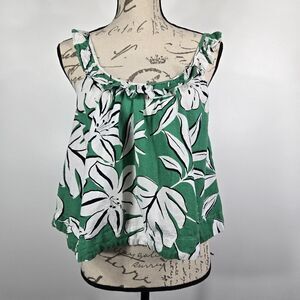 Every Women's Size Medium Green White Linen‎ Blend Crop Top Tank Ruffles